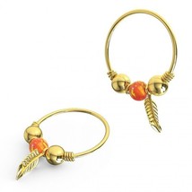 Orange Opal Bead 9K Solid Yellow Gold 7mm Leaf Charm Nose Hoop Ring 22 Gauge - £104.88 GBP+