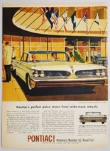 1959 Print Ad Pontiac 4-Door Cars Wide Track Wheels Flags on Building - £11.66 GBP