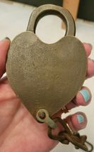 ANTIQUE BRASS HEART SHAPED LOCK DE CO. ENGRAVED image 3