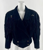 Learsi Suede Leather Jacket Size Small Black Cropped Snap Western Fringe... - $94.05