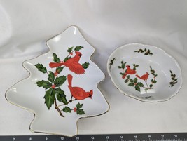 Lefton Red Cardinal Trinket Dish Christmas Tree Porcelain Lot of 2 1984 - $17.95