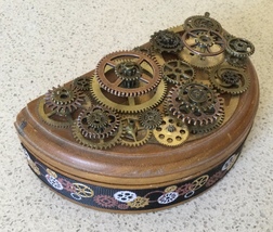 Steampunk Gear Embellished Modified Vintage Half-Moon Wooden Box - £19.98 GBP
