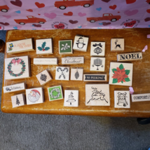 NEW LOT o 24 Vintage Reindeer Christmas tree Poinsettia Wood Mount Rubber Stamps - £48.41 GBP