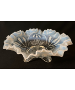 Antique Northwood Blue Opalescent Glass Three Footed Bowl Ruffled Crimpe... - £51.10 GBP