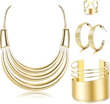 Bib Choker Necklace Silver Gold Jewelry Set Wide Cuff Bangle Bracelet Op... - $41.08