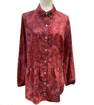 LOGO Lori Goldstein Burgundy Wine Red Button Printed Peplum Tunic Top Shirt S/M - £18.96 GBP