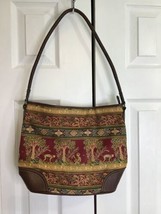 Vtg Relic Fabric Handbag Purse Braided Handle Jungle Print Monkey Burgundy - £13.85 GBP