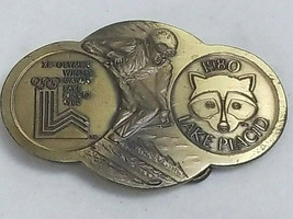 Vintage Lake Placid NY Olympic Winter Games Brass Belt Buckle 1980 Hilton skiing - £16.05 GBP
