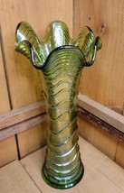 Antique Imperial Glass Carnival Glass Ripple Helios Green Vase 9&quot; Tall 3&quot; Base - £69.21 GBP