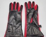 Frankie &amp; Johnnie Black Leather Gloves Red Accent Ladies Size M Lined 9.75&quot; - £19.32 GBP