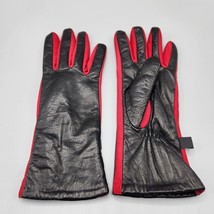Frankie &amp; Johnnie Black Leather Gloves Red Accent Ladies Size M Lined 9.75&quot; - £19.32 GBP