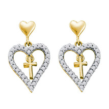 14kt Yellow Gold Womens Round Diamond Heart Cross Dangle Earrings 1/3 Cttw - £360.02 GBP