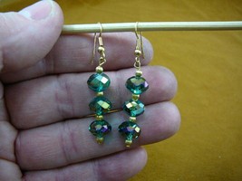 (EE503-115) emerald green Austrian crystal 12x8 mm 3 bead dangle gold earrings - £22.00 GBP