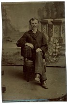 CIRCA 1860&#39;S 1/6 Plate Hand Tinted TINTYPE Handsome Man Posing in Chair Mustache - £14.57 GBP