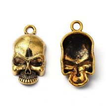 Skull Charms Antiqued Gold Pirate Pendants Gothic Skeleton Halloween Jewelry 4pc - £4.35 GBP