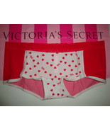NEW VICTORIA&#39;S SECRET &quot;PINK&quot; LOGO BOYSHORT PANTY RED WHITE WITH RED HEAR... - $247.58 MXN