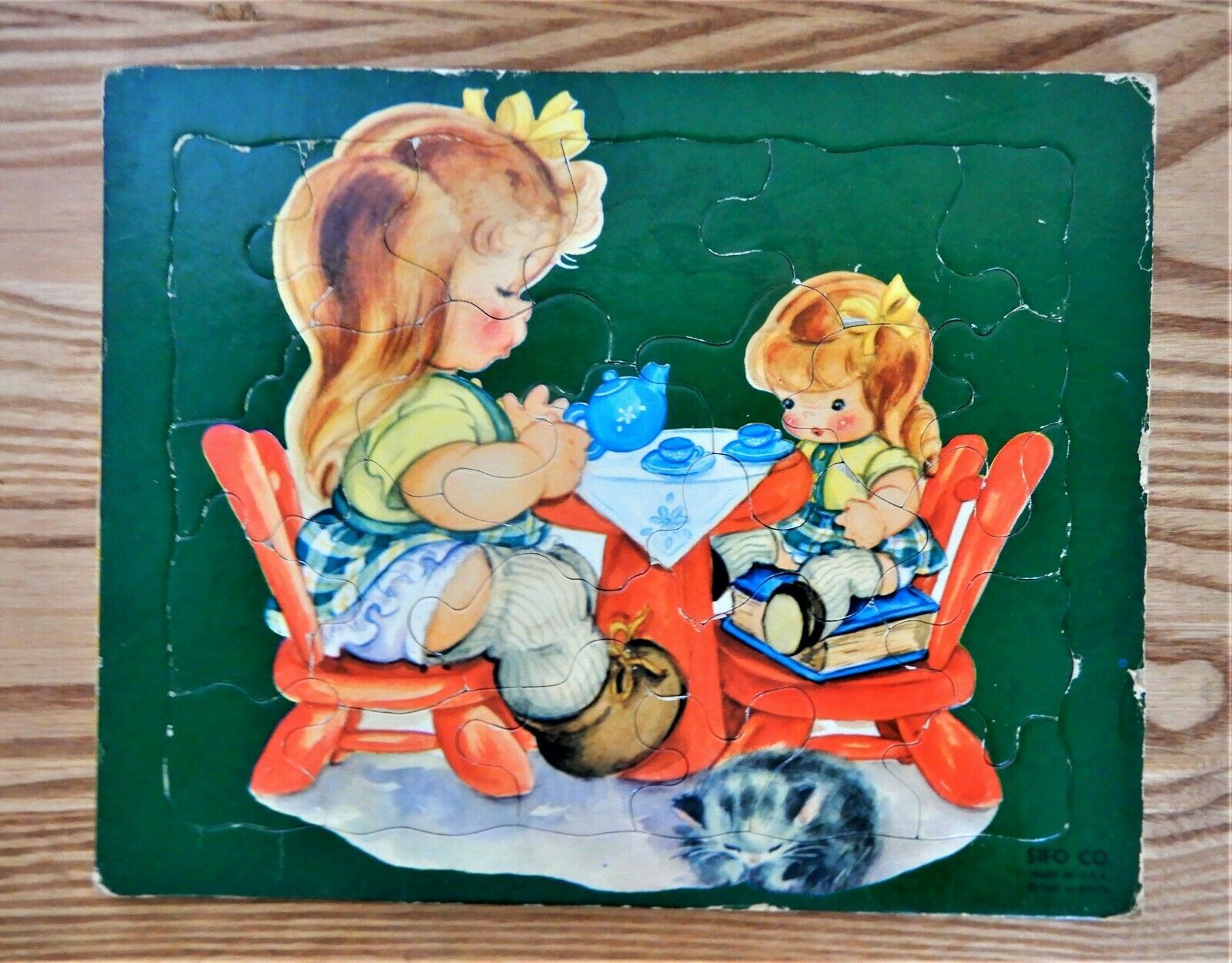 1961 Sifo Co Child & Doll Tea Party Preschool Inlaid Jigsaw Puzzle Made in USA - $15.00