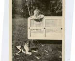 Toddler in Old Style Playpen on Wheels Outdoors with Dog Photo 1930&#39;s - $17.82