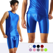 Mens Oil Shiny Glossy Glossy Vest Top Shorts Semi Sheer Sports Gym Muscle Wear - £11.36 GBP+