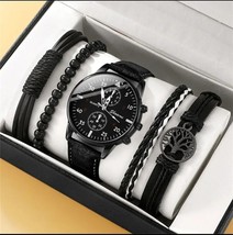 5pcs Black Fashion Men Casual Quartz Watch &amp; Black Life Tree Hand Rope S... - £18.02 GBP