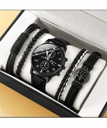 5pcs Black Fashion Men Casual Quartz Watch &amp; Black Life Tree Hand Rope S... - £18.13 GBP