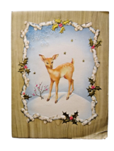 Christmas Greeting Card 1940&#39;s Reindeer Cute Deer Embossed Holly Stars Snow - $9.00