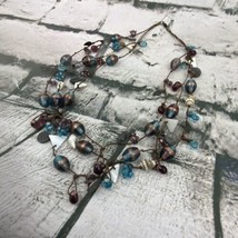 Beaded Necklace Blue Brown Shells Twine Beachy Mermaid Leaves Charms - $11.88