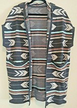 Aztec Pattern Dark Grey Teal Rust Tan Sleeveless Hoodie Knit Women&#39;s Cardigan Lg - £22.17 GBP
