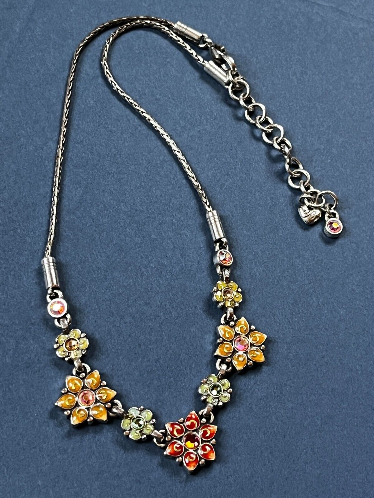 Brighton Marked Silvertone Tubular Chain w Yellow Orange & Green Enamel Flowers - $38.15