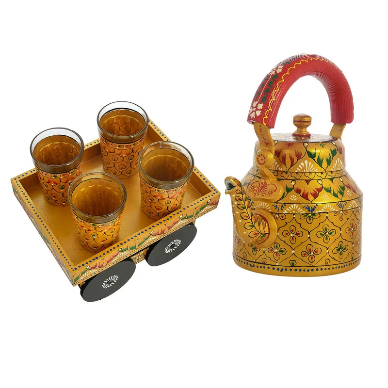 Hand Crafted Hand Painted Kettle with Four Glasses and Wooden Tray Tea P... - £104.78 GBP