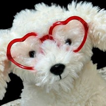 Fluffy Scruffy Shaggy White Dog Plush Red Heart Glasses Valentine FAO Schwarz - £11.51 GBP