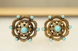 Vintage Costume Jewelry Faux Pearl Turquoise Victorian Style Clip Earrings - £19.70 GBP