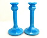 Sky Blue Milk Glass Taper Candle Holders, 6-sided, Paneled Base, Vintage - $14.65