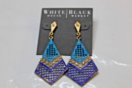 White House Black Market Stud Earrings Blue Gold Dangle With Rhinestones - $17.79