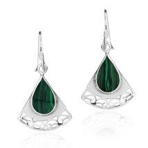 Triangle Swirls TearDrop Green Malachite Sterling Silver Dangle Earrings - £19.61 GBP