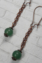 Green Jade Rolo Chain Round Bead Pierced Earrings Handmade Antique Copper New - £10.27 GBP