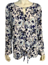 Ellen Tracy White and Blue Floral V Neck Long Sleeve Tie Front Knit Top Size XL - £18.66 GBP