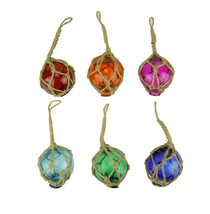 Colorful Mini Glass Floats in Fishing Net Nautical Ornaments Set of 6 - £28.60 GBP