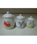 White Stoneware Fruit Pattern Canisters with Lids 3 Canisters Grapes Apples - £27.83 GBP