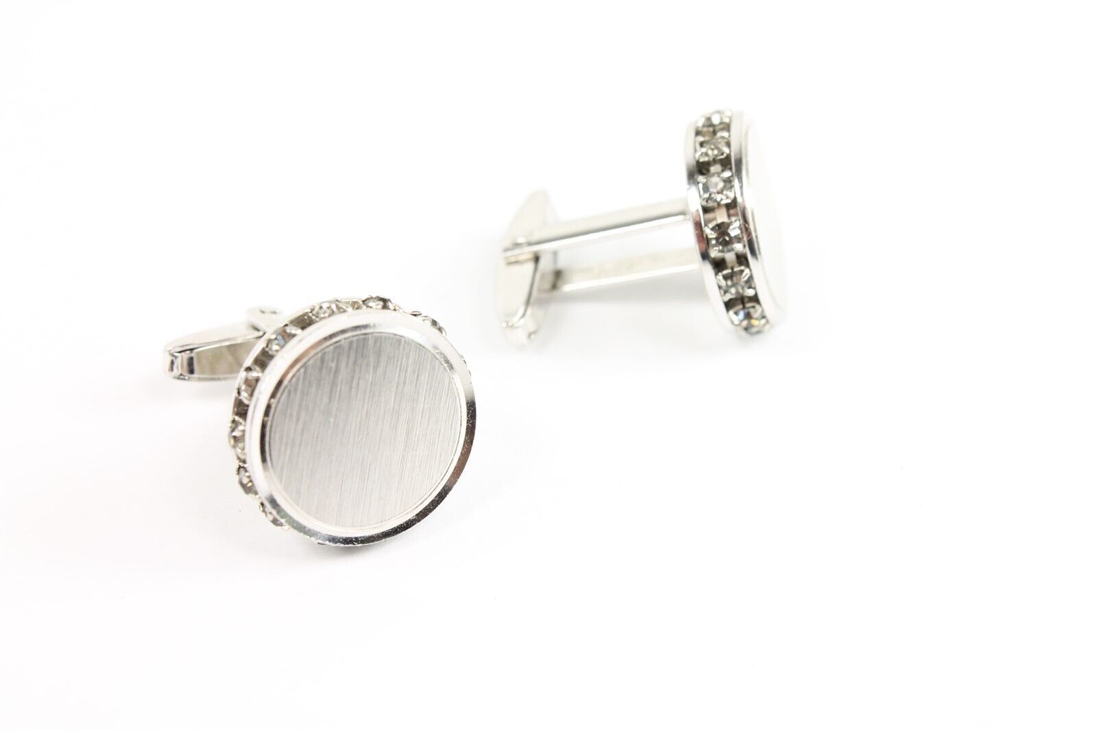 ✅ Vintage Pair Mens Cuff Links Foster Round Cuff Links Rhinestone Silver... - $7.91
