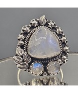 925 Sterling Silver Rainbow Moonstone Ring Sz 8.5 Chunky Nature Leaf Motif - $839.08 MXN