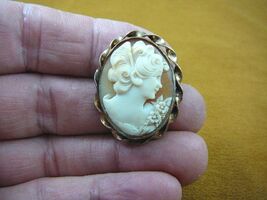 (C-1301) Lady with curls in hair shell CAMEO gold setting Pin Pendant - $62.99