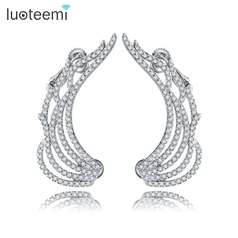 Korea Fashion Shining Crystal Angel Wings Drop Earrings with Ear Clip Bijoux Fem - £20.33 GBP
