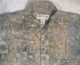 Orvis Mens Hawaiian Aloha 100% Cotton Green Gold Fishing Camp Large Shir... - $7.45
