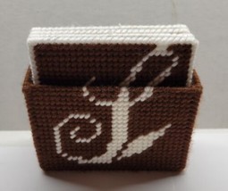 Set of 4 Crocheted Cross Stitch Coasters Brown Cursive Letter L With Holder - $14.84