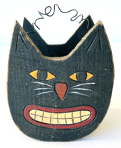 Halloween Primitive Hand Painted Wood Trinket Box Black Cat Head &amp; Curly Wire - £15.45 GBP