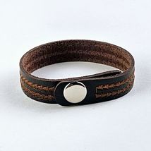 Cuff Bracelet Brown Snap On Leatherette Triangle Stitch Wristband Jewelry 8.5 in image 2