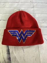 DC Comics Wonder Woman Sequin Logo Knit Cuff Beanie Hat Cap Adult Red - £18.99 GBP