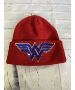 DC Comics Wonder Woman Sequin Logo Knit Cuff Beanie Hat Cap Adult Red - £19.21 GBP