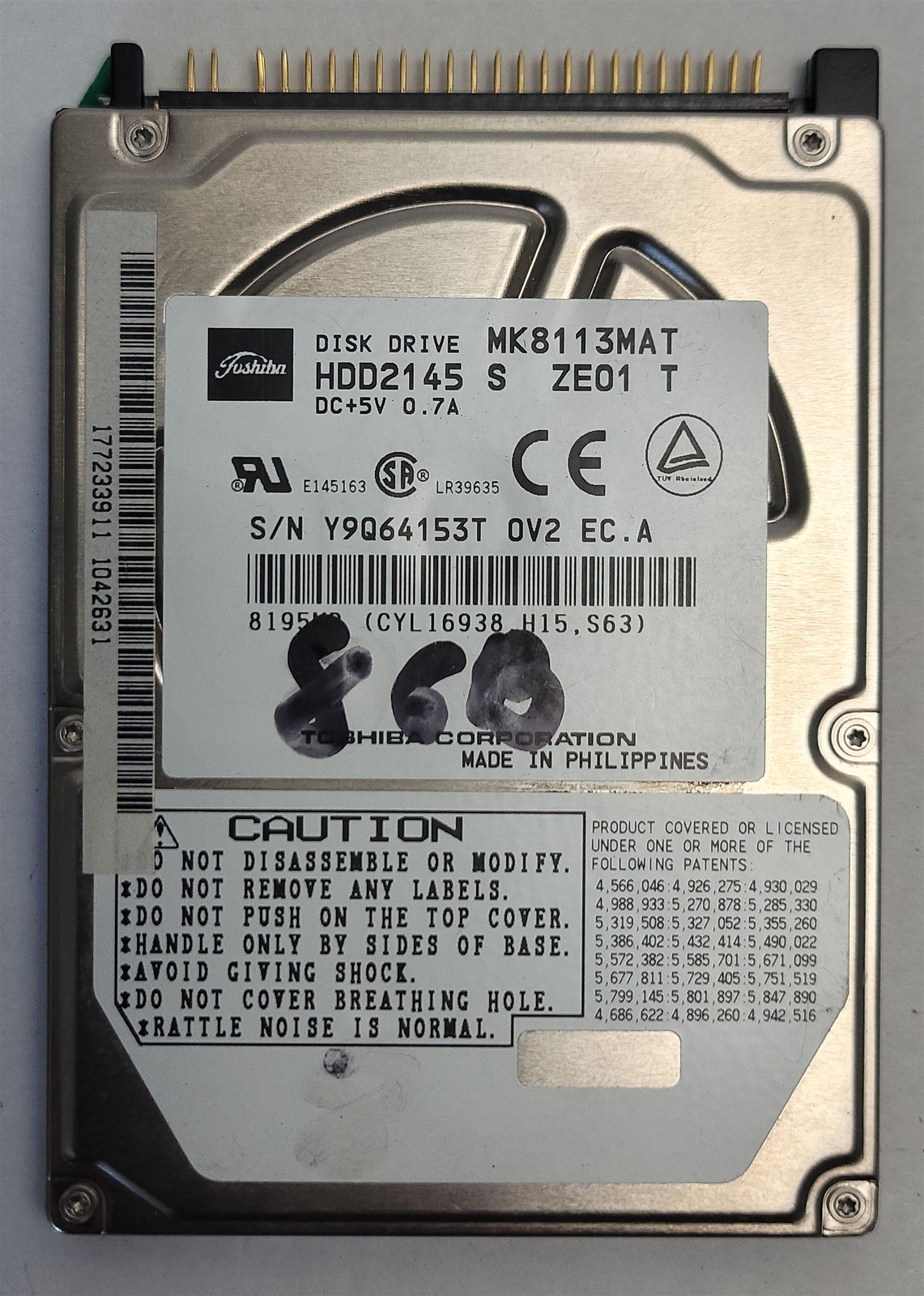 Toshiba MK8113MAT HDD , 2.5&quot; , 8 GB, 44-Pin IDE/PATA/UDMA-33, tested w/ ... - $127.37